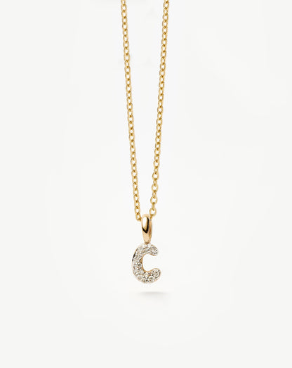 Solid Gold Diamond Initial Mini Pendant Necklace - C| 14ct Solid Yellow Gold Plated/Diamond