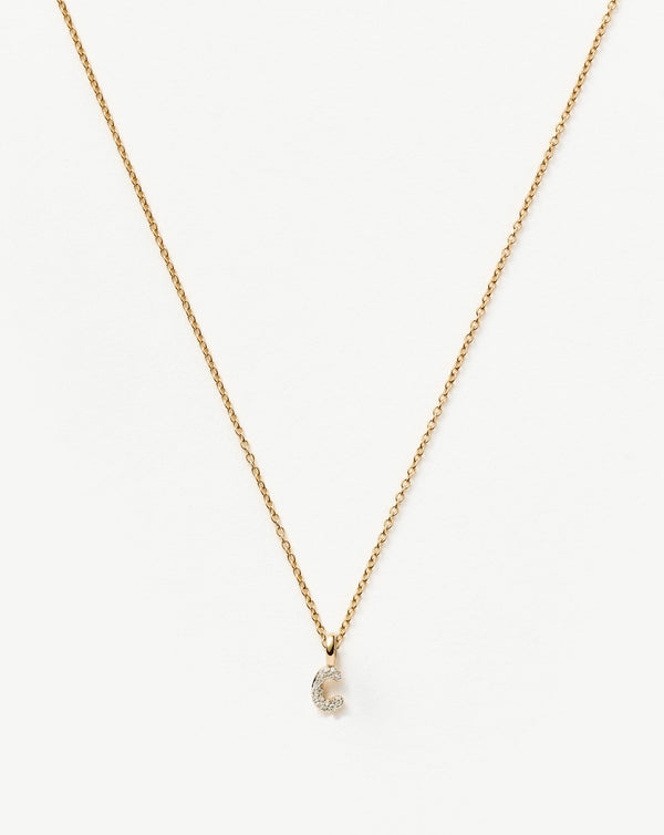 Solid Gold Diamond Initial Mini Pendant Necklace - C| 14ct Solid Yellow Gold Plated/Diamond