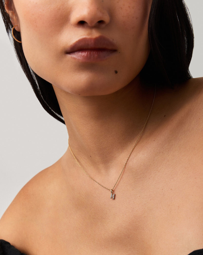 Solid Gold Diamond Initial Mini Pendant Necklace - H | 14ct Solid Yellow Gold Plated/Diamond detail view