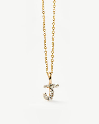 Solid Gold Diamond Initial Mini Pendant Necklace - J | 14ct Solid Yellow Gold Plated/Diamond