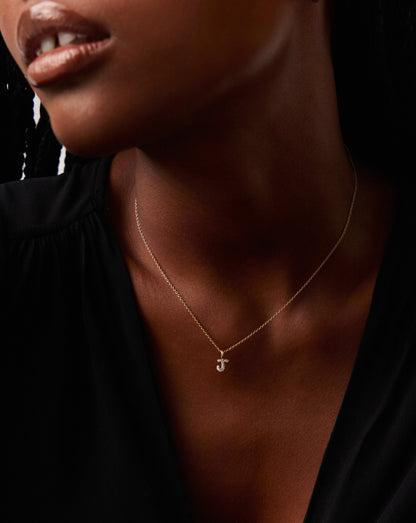 Solid Gold Diamond Initial Mini Pendant Necklace - J | 14ct Solid Yellow Gold Plated/Diamond