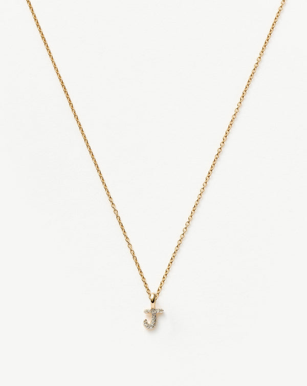 Solid Gold Diamond Initial Mini Pendant Necklace - J | 14ct Solid Yellow Gold Plated/Diamond