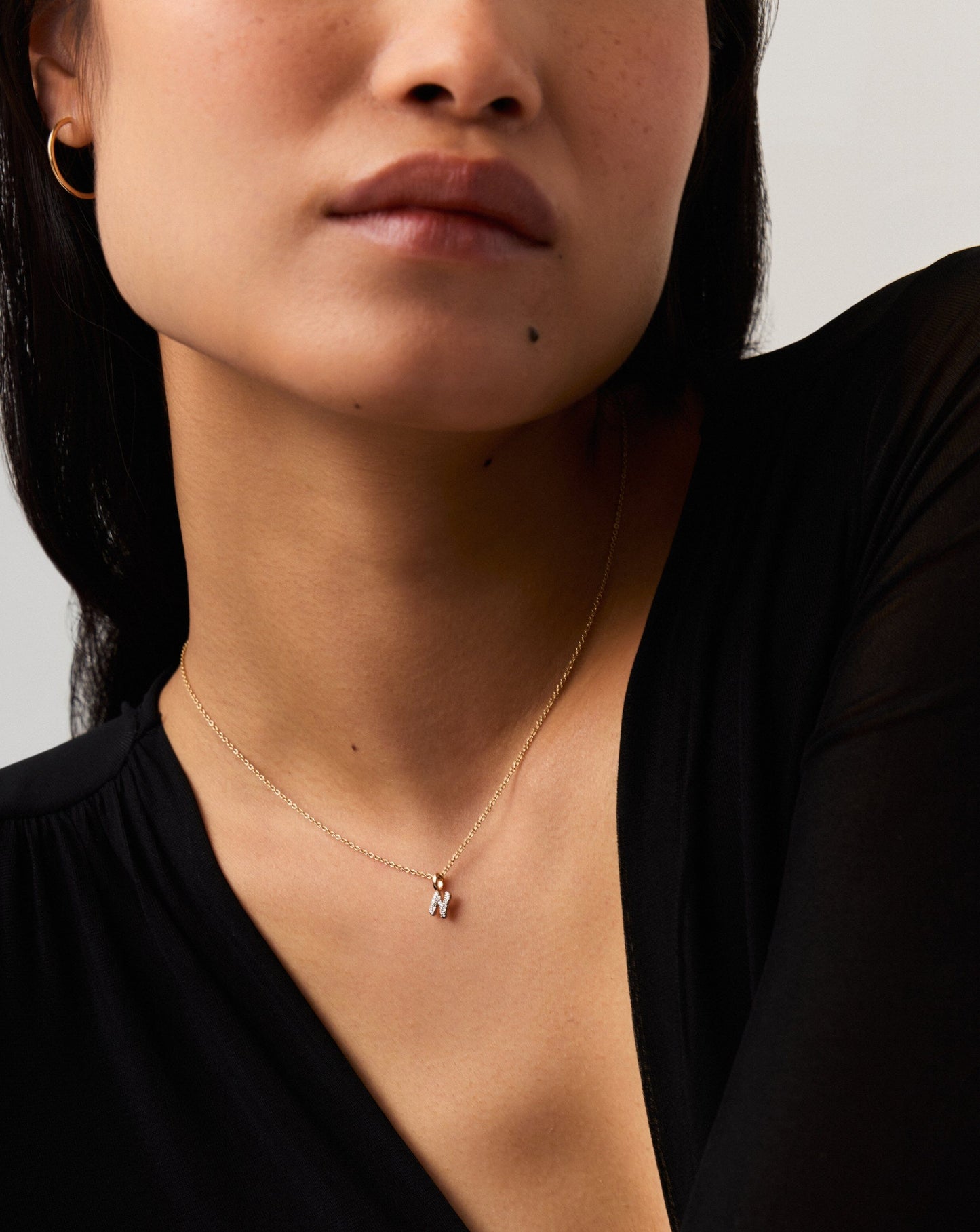 Solid Gold Diamond Initial Mini Pendant Necklace - N | 14ct Solid Yellow Gold Plated/Diamond