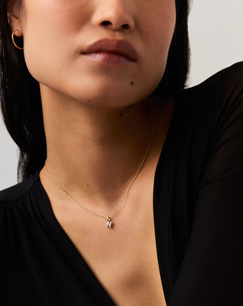 Solid Gold Diamond Initial Mini Pendant Necklace - N | 14ct Solid Yellow Gold Plated/Diamond detail view