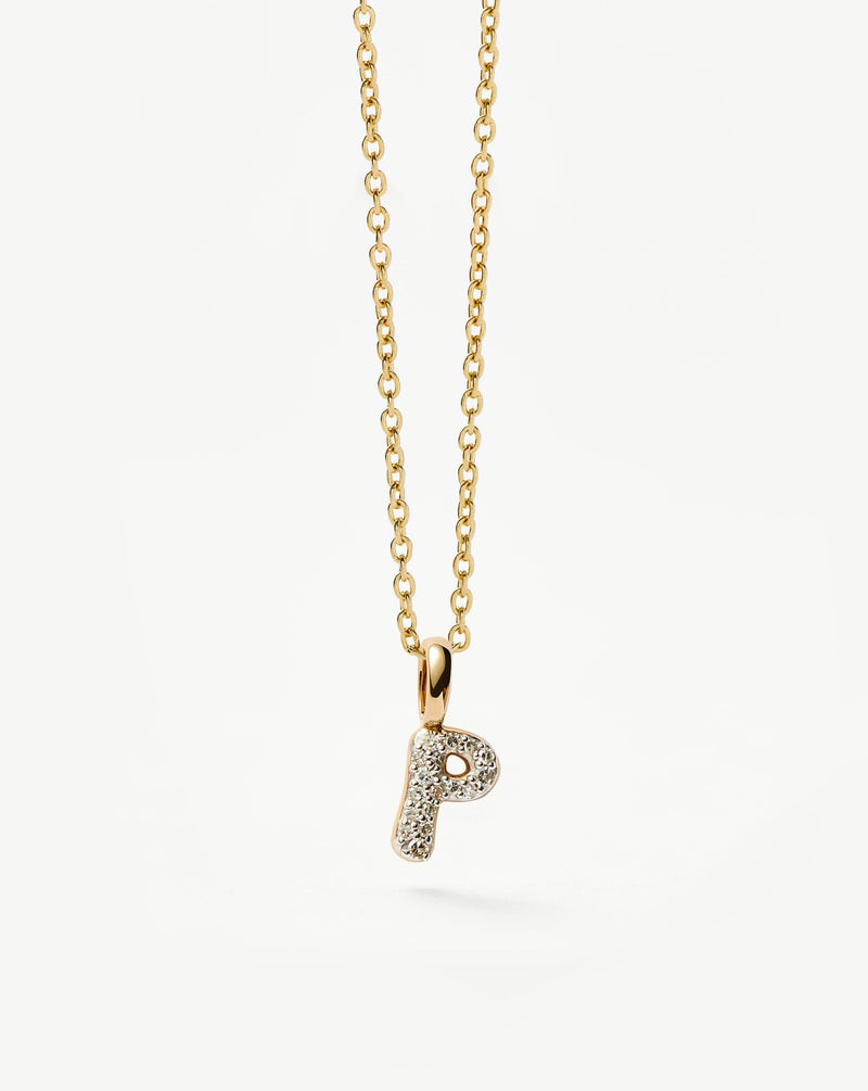 Solid Gold Diamond Initial Mini Pendant Necklace - P | 14ct Solid Yellow Gold Plated/Diamond detail view