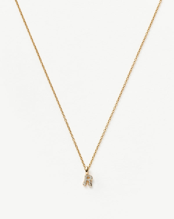 Solid Gold Diamond Initial Mini Pendant Necklace - R | 14ct Solid Yellow Gold Plated/Diamond
