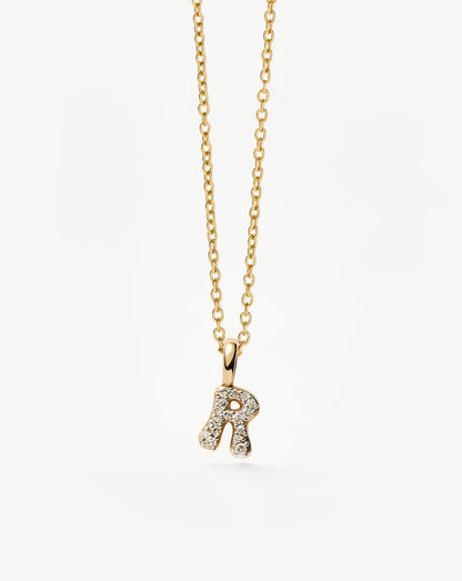 Solid Gold Diamond Initial Mini Pendant Necklace - R | 14ct Solid Yellow Gold Plated/Diamond