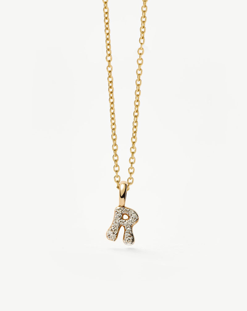Solid Gold Diamond Initial Mini Pendant Necklace - R | 14ct Solid Yellow Gold Plated/Diamond detail view