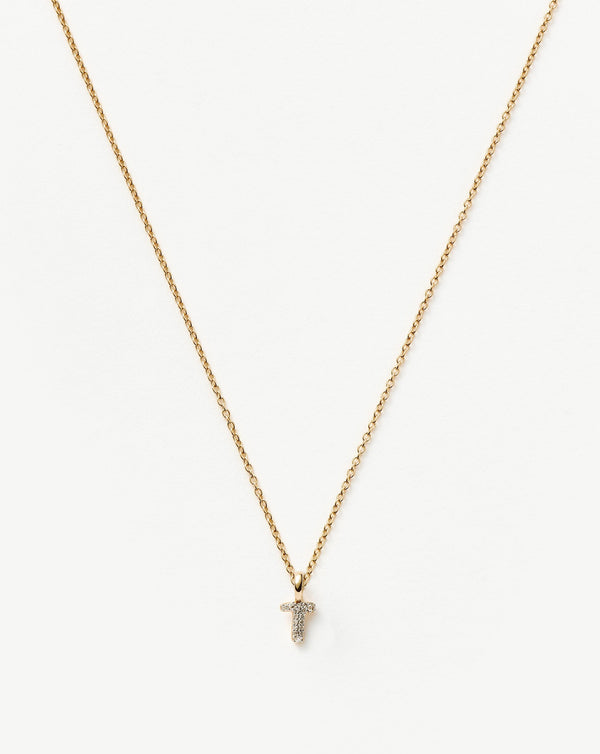 Solid Gold Diamond Initial Mini Pendant Necklace - T | 14ct Solid Yellow Gold Plated/Diamond