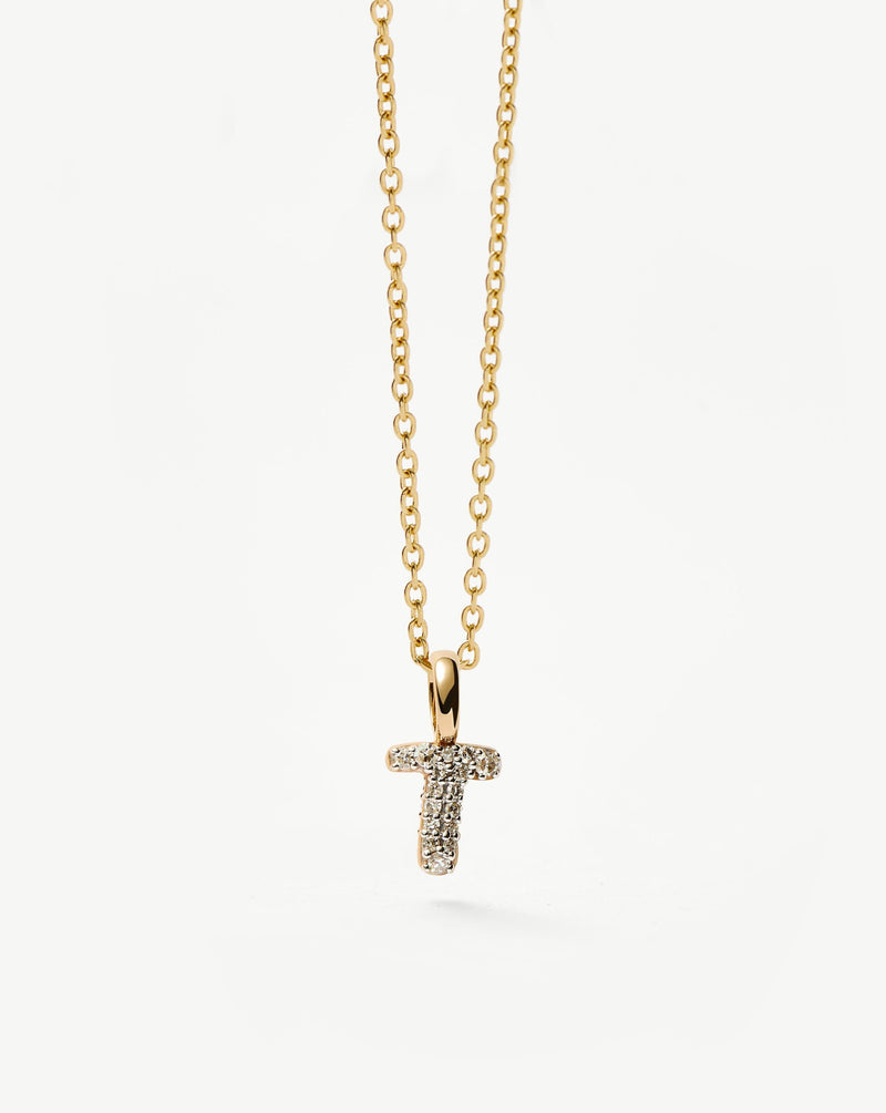 Solid Gold Diamond Initial Mini Pendant Necklace - T | 14ct Solid Yellow Gold Plated/Diamond detail view