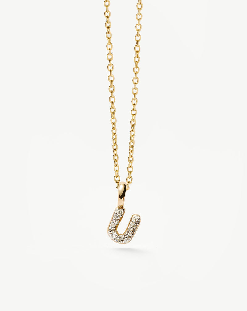 Solid Gold Diamond Initial Mini Pendant Necklace - U | 14ct Solid Yellow Gold Plated/Diamond detail view