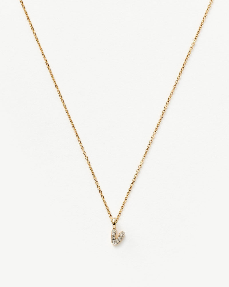 Solid Gold Diamond Initial Mini Pendant Necklace - V | 14ct Solid Yellow Gold Plated/Diamond