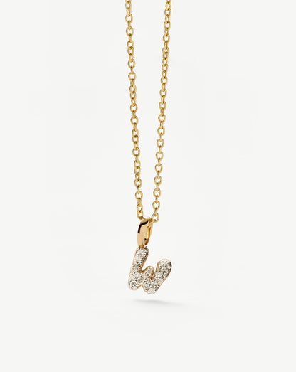 Solid Gold Diamond Initial Mini Pendant Necklace - W | 14ct Solid Yellow Gold Plated/Diamond