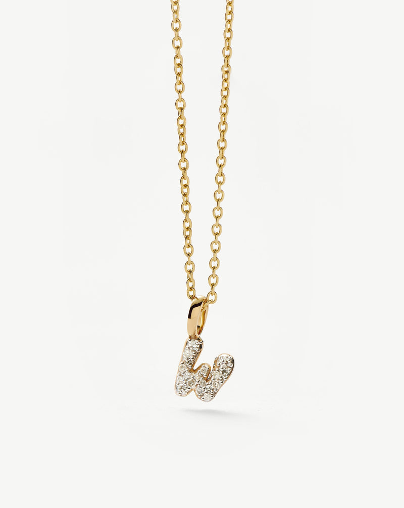 Solid Gold Diamond Initial Mini Pendant Necklace - W | 14ct Solid Yellow Gold Plated/Diamond detail view