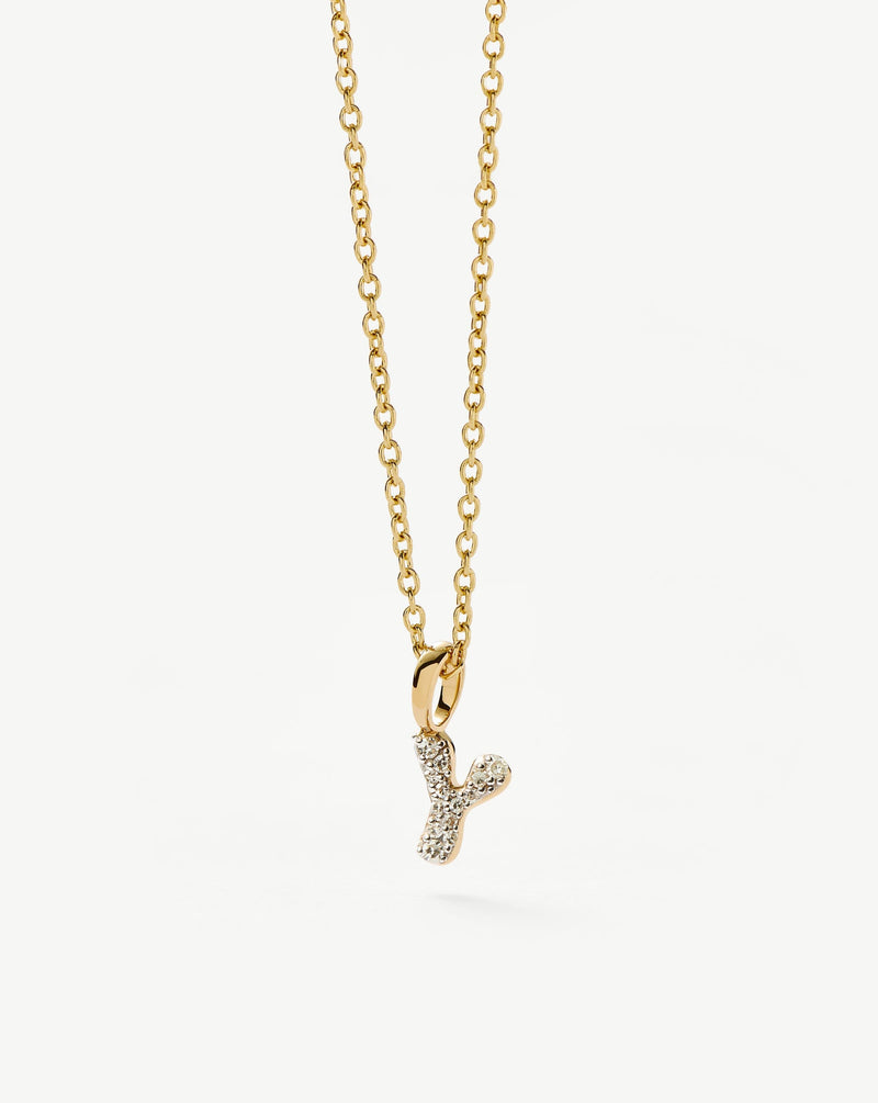 Solid Gold Diamond Initial Mini Pendant Necklace - Y | 14ct Solid Yellow Gold Plated/Diamond detail view