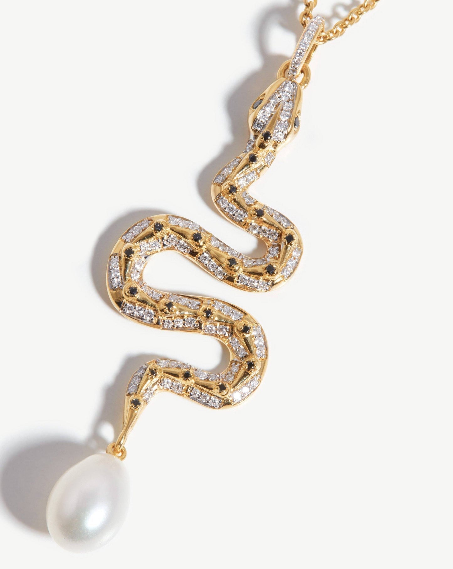 Harris Reed Solid Gold Serpent Necklace | 14ct Solid Gold/Pearl & Diamond