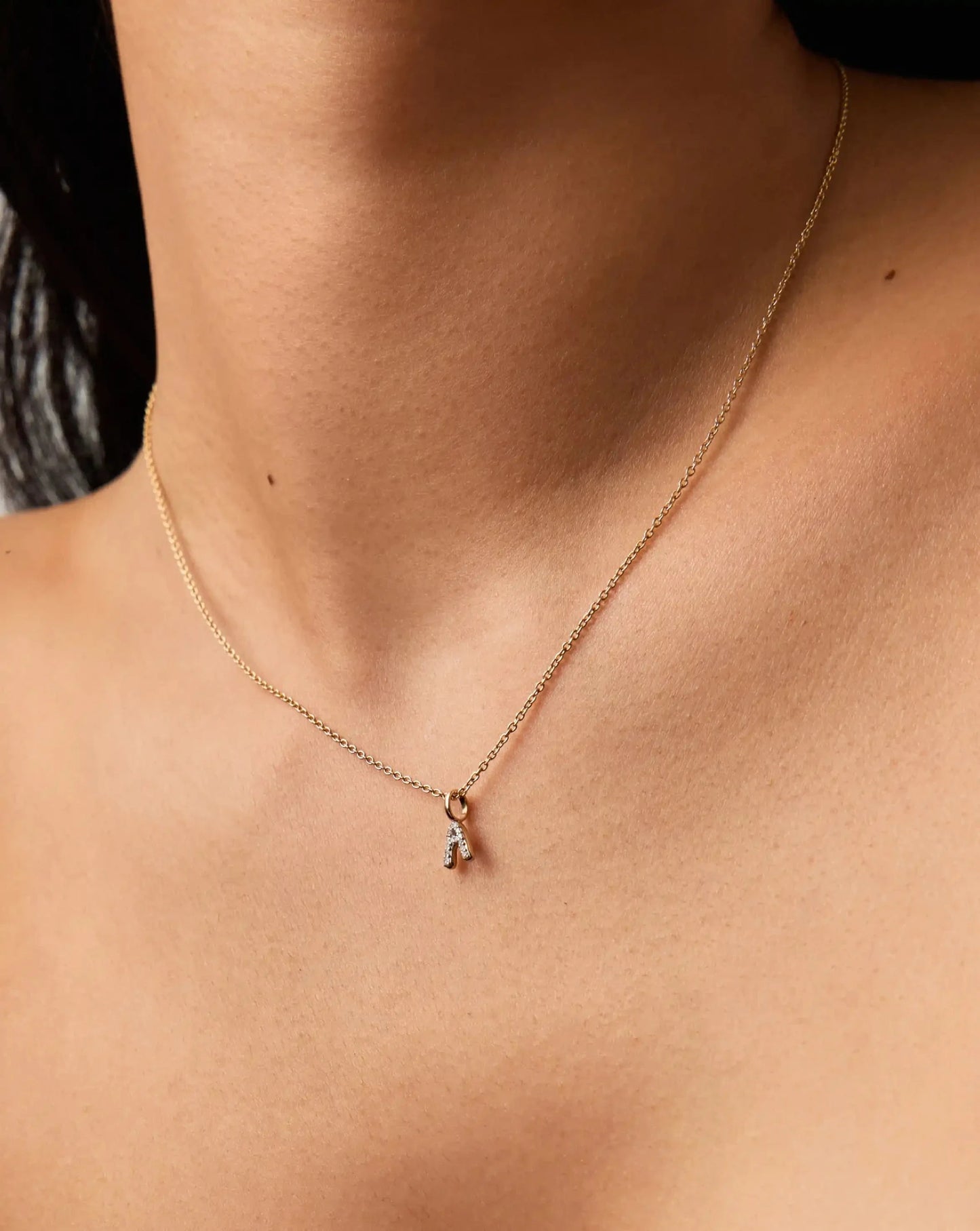 Solid Gold Diamond Initial Mini Pendant Necklace  - A | 14ct Solid Yellow Gold Plated/Diamond